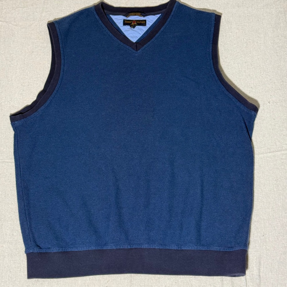 Tommy Hilfiger Golf Sweater Vest Mens Large Blue V-Neck Textured Knit Pullover